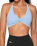 Danysu Backless Sports Bra Buttery Soft Workout Tops with Removable Padded Yoga Training Bras Strappy Going Out Top, #2.twirl Front Paradise Blue, Small