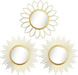 3 Pack Metal Mirrors for Wall Sunburst Wall Mirrors Home Décor Decorative Hanging Wall Art for Living Room Bedroom Entryway (Gold, Flower+Sunburst)