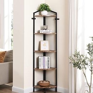 Homfurn 5 Tier Corner Shelf, Industrial Corner Bookshelf with Metal Frame, Rustic Corner Storage Rack Shelves Display Plant Flower, Freetanding Bookcase for Home Office, Small Place, Retro Brown