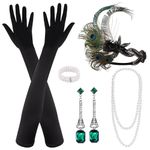 PLULON 7 Pieces 1920s Flapper Great Gatsby Accessories Set Fashion Roaring 20's Theme Set with Headband Headpiece Long Black Gloves Necklace Earrings for Women(Style 6)