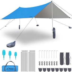 WADEO Tienda de campaña Lona 3.6m x 3.6m Anti-UV, 3-8 Personas Tienda de Playa Refugio de Playa con Postes y Ancla de Arena, Tienda de campaña Lona Vela de Sombra para Camping Senderismo Picnic