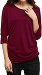 Match Women's 3/4 Sleeve Drape Top with Side Shirring(140 Wine red,Large)