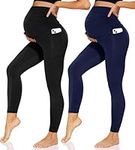 Sundwudu 2 Pack Maternity Leggings Over The Belly-Women High Waisted Pregancy Yoga Pants Workout Active with Pockets, Black+navy, Medium