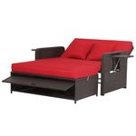 DORTALA Patio Wicker Daybed Set, Outdoor PE Rattan Loveseat Sofa with Ottoman, Adjustable Backrest, Retractable Side Trays, Sun Lounger for Backyard, Poolside, Garden, Red