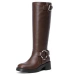 Pasuot Women Motorcycle Boots Knee High - Square Toe Chunky Low Heel Buckles Biker Riding Boots Brown Size 9