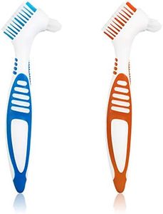 2-Pack Denture Cleaning Brush Set- Premium Hygiene Denture Cleaner Set for Denture Care- Top Denture Cleanser Tool w/Multi-Layered Bristles & Ergonomic Rubber Handle (Blue and Orange)