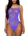 RSLOVE Women Lingerie Fishnet Teddy Sparkle Rhinestone One Piece Mesh Bodysuit Mini Babydoll Sexy Lingerie Set for Women Blue