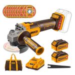 INGCO Cordless Angle Grinder 20V Brushless Grinder 125mm 8500RPM for Cutting, Grinding, Polishing with 2Pcs 4.0ah Battery, 1Pcs Charger, 10Pcs Metal Cutting Discs, 1Pcs Canvas Bag CAGLI2012582