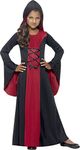 Smiffys Vamp Costume, Red & Black Hooded Dress with Lace-Up Detail, Halloween Child Fancy Dress, Vampire Dress Up Costumes