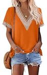 Beyove Womens Guipure Lace Chiffon T-Shirt Blouses V Neck Short Sleeve Casual Loose Boho Shirts Tops