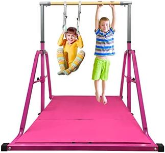 GLANT Gymnastics Bar for Kids with Rings Set, 7 Heights Adjustable Easy Folding Gymnastic Training Bar Kids Monkey Horizontal Bars - Max Load 300LBS (Hot Pink-MAT)