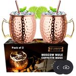 LIVEHITOP Moscow Mule Copper Mugs Set of 2 PC,19.5 Oz Copper Cup with Coasters for Cocktail, Wine, Beer, Cold Drink, Home, Bar, Party, Gifts (Pack of 2)