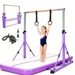 BREEZENEST Gymnastics Bar for Kids, Foldable Training Bar with 13 Height Adjustable Levels 35.8"-59", Sturdy Steel Frame, Anti-Slip Base, Easy Storage (Purple, Gymnastics bar + Mat & Pump)
