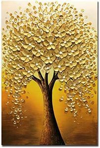 Yotree Oil paintings, 24x36 Inch Golden Flowers Tree Luck Tree Oil Hand Painting Painting 3D Hand-Painted On Canvas Abstract Artwork Art Wood Inside Framed Hanging Wall Decoration Abstract Painting