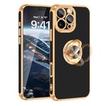 Fingic for iPhone 16 Pro Case[with 360°Rotatable Ring Holder][Support Magnetic Car Mount] Shiny Plating Gold Slim Thin Soft TPU Shockproof Case for iPhone 16 Pro for Women Men,6.3",2024,Black