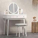 SDHYL Vanity Table Set, Makeup Table Set with 3 Drawers, Dressing Table with Circle 360° Swivel Mirror,Vanity Table with White Finish