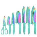 Kitchen Knife Set with Guards, 13 Piece Rainbow Titanium Coated Stainless Steel Boxed Knives Set, Anti-Rust and Dishwasher Safe, 6 Knives with 6 Blade Covers and Kitchen Shears