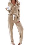 Aamikast Women's Pajama Sets Long Sleeve Button Down Sleepwear Nightwear Soft Pjs Lounge Sets, Light Brown, Medium