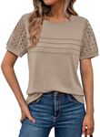 AUTOMET Women's Short Sleeve Dressy Tops Lace Summer Tops 2025 Trendy Crewneck Casual T-Shirts Work Clothes Outfits Khaki M