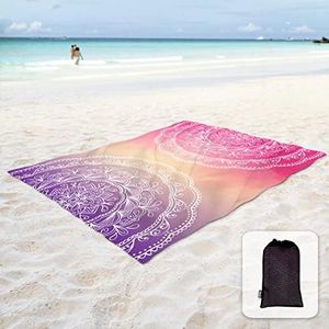 Sunlit Silky Soft 85"x72" Boho Sand Proof Beach Blanket Sand Proof Mat with Corner Pockets and Mesh Bag for Beach Party, Travel, Camping and Outdoor Music Festival, Purple and Red Mandala