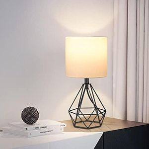 Depuley Bedside Table Lamp, Modern Black Geometric Desk Lamp for Living Room, Metal Bedside Lamp with Hollowed Out Base, 5W Bedside Nightstand Lamps with Fabric Shade for Bedroom, (Bulb Incl.)