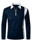 HOOD CREW Men’s Long Sleeve Polo Shirts Golf Shirt Casual Contrasting Color Tennis Top Navy