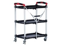 Folding Service Cart, 3 Tier Plastic Utility Trolley, Kitchen & Canteen Cart with Lockable Wheels