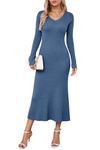 Arach&Cloz Jumper Dress for Women UK Knitted Dresses Bodycon Fashtail V Neck Long Winter Dresses Maxi Sweater Cocktail Party (Dark Blue,M)