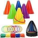 WAIZHIUA 26Pcs Ring Toss Game Set 3 In 1 Carnival Combo Set with Bean Bags Plastic Cones Throwing Rings for Kids Children Adults Family Outdoor Indoor Activity