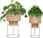 Hallops Indoor Hand-Woven Planter with Stand - Metal and Rattan Plant Pots with Standing Legs for Tall Floor Plants - Indoor Plant Decor for Front Porch, Doorway, or Any Floor Space - Set of 2