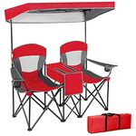 GYMAX Folding Canopy Camp Chair, Sports Chair with Adjustable UV Protection Shade, Cup Holder & Carry Bag, Portable Beach Camping Chair for Picnic, Fishing, Hiking (Red, 2-Person)