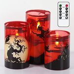 Eldnacele Halloween Red Glass Flameless Candles with Remote Timer, Battery LED Halloween Candles Flickering for Home Decoration Gift 4” 5” 6” Set of 3(Spooky Crow Witch Castle Pattern)