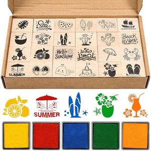 Whaline 24 Pcs Summer Wooden Rubber Stamps Tropical Beach Cartoon DIY Craft Stamps for Hawaiian Coastal Party Decor Scrapbooking Cards Making