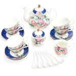 fanquare New Bone China Tea Set, 15 Piece Pink Flower Afternoon Tea Set, Vintage Ceramic Tea Service for Adults