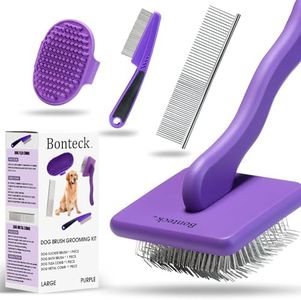 Bonteck Dog Slicker Brush for Dogs Grooming Kit 4PCS | Large Dog Brush for Goldendoodles Poodles Doodles | Long Pin Haired Brush | Poodle Brushes and Comb (Purple)