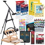 US Art Supply® 69-Piece Deluxe Watercolor Painting Set with, Aluminum Floor Easel, Wood Drawer Table Easel, 24-Tubes Watercolor Colors, 9"x12" Heavy Wt Watercolor Painting Paper Pad, 11"x14" Watercolor Painting Paper Pad, 5.5