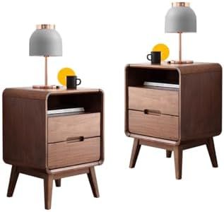 Wayshome Solid Wood Nightstand Set of 2, Walnut Night Stand with 2 Drawers and Open Storage, Bedside Table for Bedroom, Mid Century Modern Nightstands for Dorm