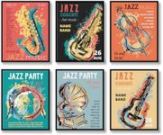 Luodroduo Rock Roll Wall Art Set of 6 Vintage Rock Festival Music Party Wall Decor Vinyl Records Store Musical Jazz Canvas Poster for Livingroom Bedroom Decoration (D, 11"x14" UNFRAMED)