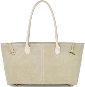 Italian Genuine Suede Tote Bag for Women with Long Handles & Relaxed Silhouette | Medium Designer Shoulder Satchel (Beige)