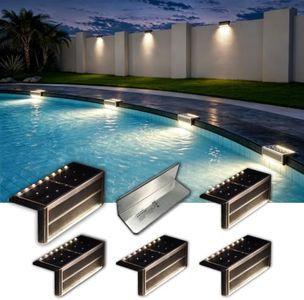 SHONELIGHTING Solar Pool Lights, IP67 Waterproof Step Lights for Outside, Heavy Duty Stainless-Steel Retaining Wall Light, Ultra-Thin & Anti-Trip 26LEDs in 2-Way for Path, Stair (Warm White, 6Pack)
