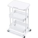 TOOLF Utility Cart with Practical Tabletop, 3-Tier Metal Serving Rolling Cart with Contral Handle, Trolley Organizer with Locking Wheels for Laptop Desk, Office Home Kitchen Baby Cart, White