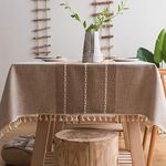 Plenmor Heavy Weight Cotton Linen Tablecloth Dust-Proof Tassel Table Cloth Cover for Kitchen Dinning Farmhouse Tabletop Decoration (140x180 cm, A-Brown)