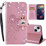 Ephoou Compatible with Apple iPhone 15 Flip Glitter Wallet Case for Women, Pu Leather with Card Slots Crystal Diamond Owl Embossing Shockproof Cover Case for iPhone 15 MTY-Rose Gold