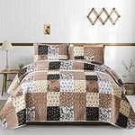 Mybedsoul Brown Plaid Quilt Set Queen Size,3 Pieces Khaki Floral Patchwork Reversible Bedspread Coverlet Set for All Season,Soft Microfiber Bedding Set Queen 90"x96"