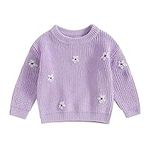 Carolilly Baby Girls Knitted Jumper Toddler Baby Girl Sweater Long Sleeve Crew Neck Flower Winter Warm Knitwear Pullover Sweater Infant Clothes (Purple, 18-24 Months)