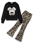 Arshiner Girl 2PC Outfits Cute Cartoon Print Graphic Top + Leopard Print Flare Leg Pants Fall Clothing Set Girls Tracksuit 5-6Y