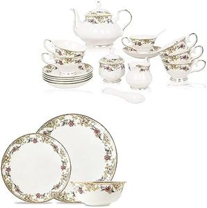ACMLIFE Bone China Tea Set 21-Piece Floral Dinnerware Set for 4, Porcelain Dinnerware Set