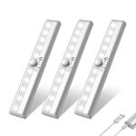 OxyLED Motion Sensor Closet Light, 3 Pack USB Rechargeable Motion Sensor Closet Light Wireless Magnetic Stick-on Cordless 10 LED Night Light Bar for Closet Cabinet Wardrobe Stairs