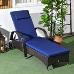 Outsunny Wicker Chaise Lounge, Outdoor Lounge Chair, PE Rattan Patio Sun Lounger with Head-Rest, 5-Level Height Adjust Backrest, Cushion, & Wheels, Deep Coffee and Navy Blue