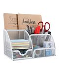 EasyPAG Office Mesh Desk Tidy Versatile Stationery Storage Desktop Organiser Pen Holder with Drawer,White